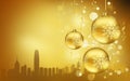 Hong Kong City Ã¢â¬â¹Ã¢â¬â¹silhouette , Golden Christmas Balls decorations Royalty Free Stock Photo